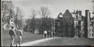 Students walking towards Morgan Hall